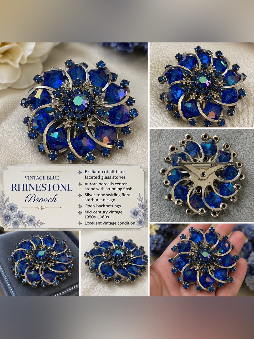 Vintage Cobalt Blue Floral Aurora Borealis Rhinestone Brooch